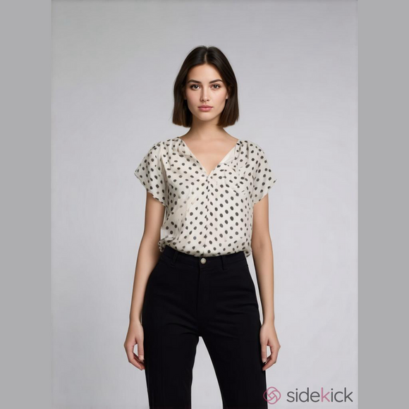 41 Hawthorn Tops - 41 Hawthorn Carol Tulip Detail White and Black Polka Dot Blouse, Size Medium